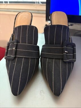 Carmen Marc Valvo Black Pinstripe Pointed Mule with Buckle